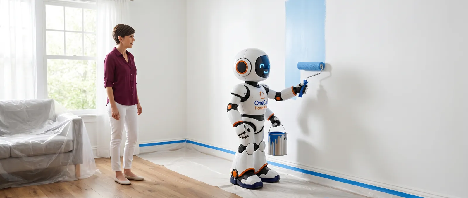 OneCall Home Pros robot assistant helping a homeowner with interior painting.