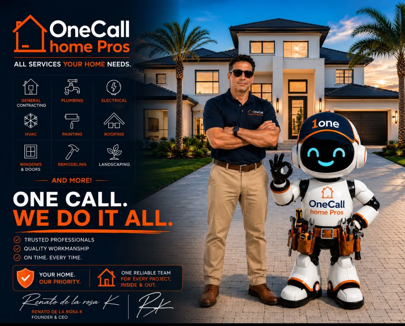 Renato De La Rosa Komici, Founder and CEO of OneCall Home Pros, standing with the company mascot.