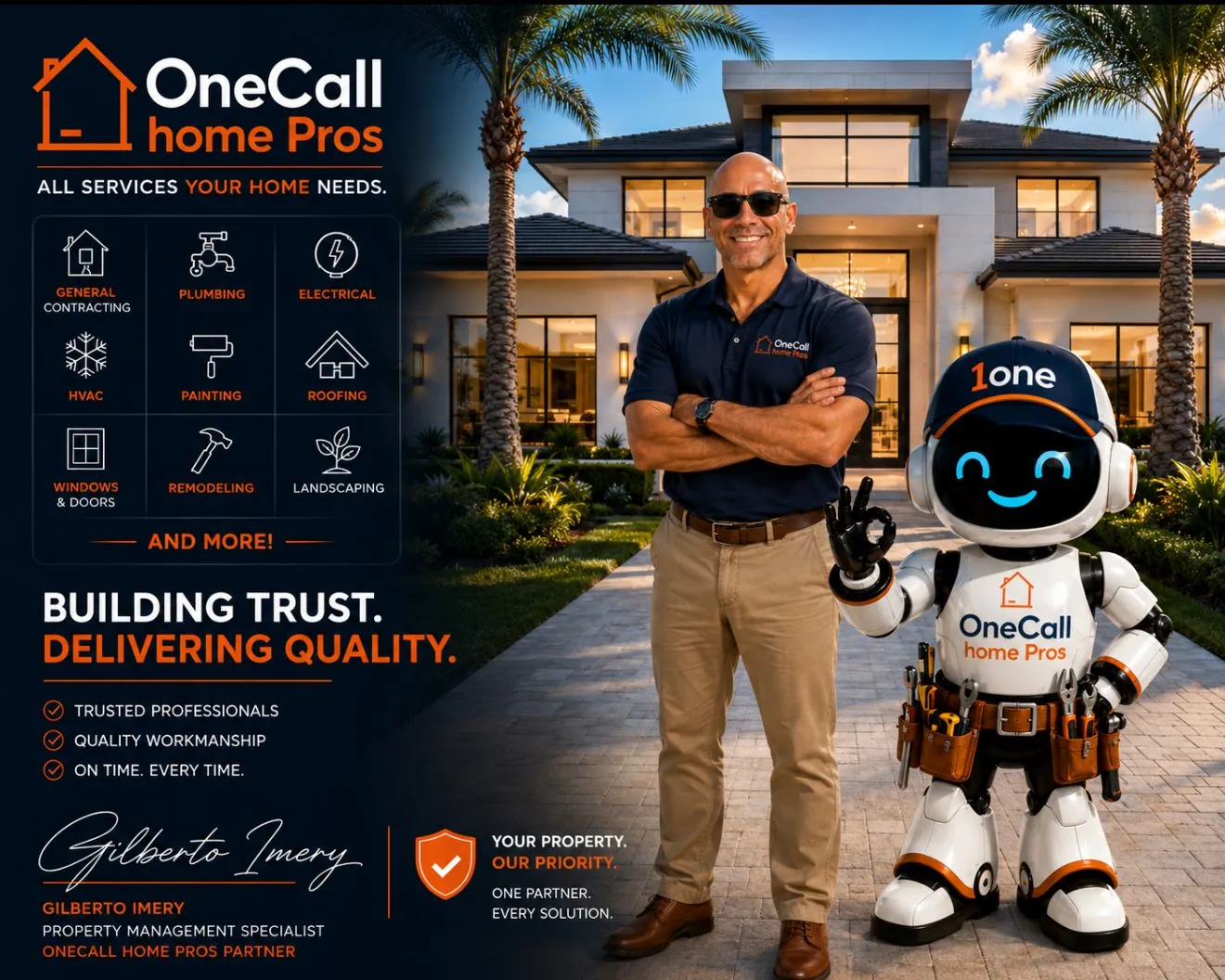 Gilberto Imery, Co-Founder and Partner of OneCall Home Pros, standing with the company mascot.