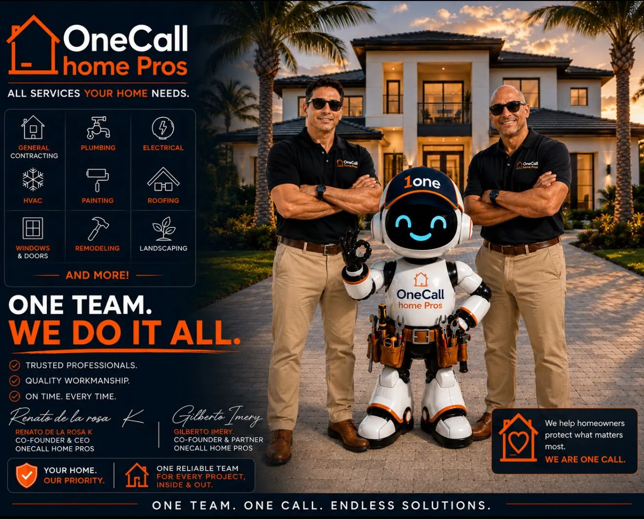 Renato De La Rosa Komici and Gilberto Imery, co-founders of OneCall Home Pros, standing with the company mascot in front of a Florida home.